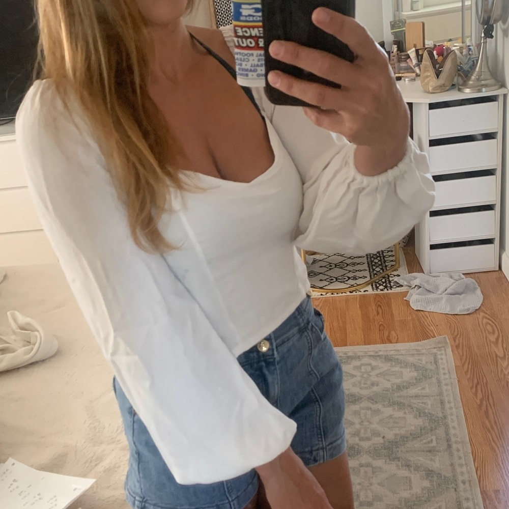 White cropped festival square neck peasant top long sleeve white beachy f21 S